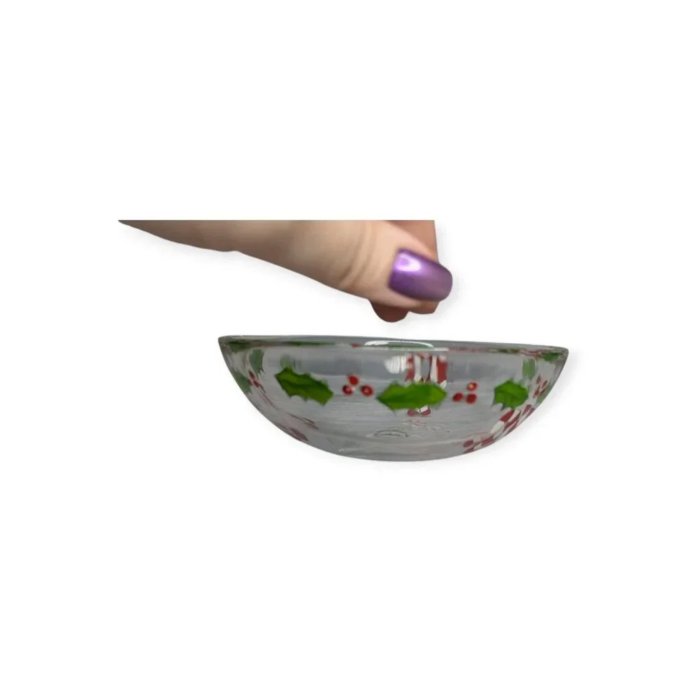 Gorham Glass Christmas Holly with Berries & Candy Cane Painted Bowl 7